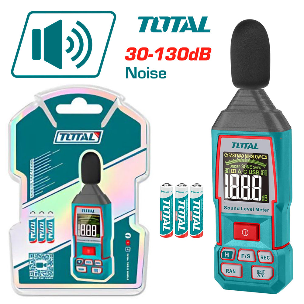 Sonómetro Digital TOTAL 30-130dB Decibelímetro Medidor de Ruido Industrial Pantalla LCD TETSL031 S2304