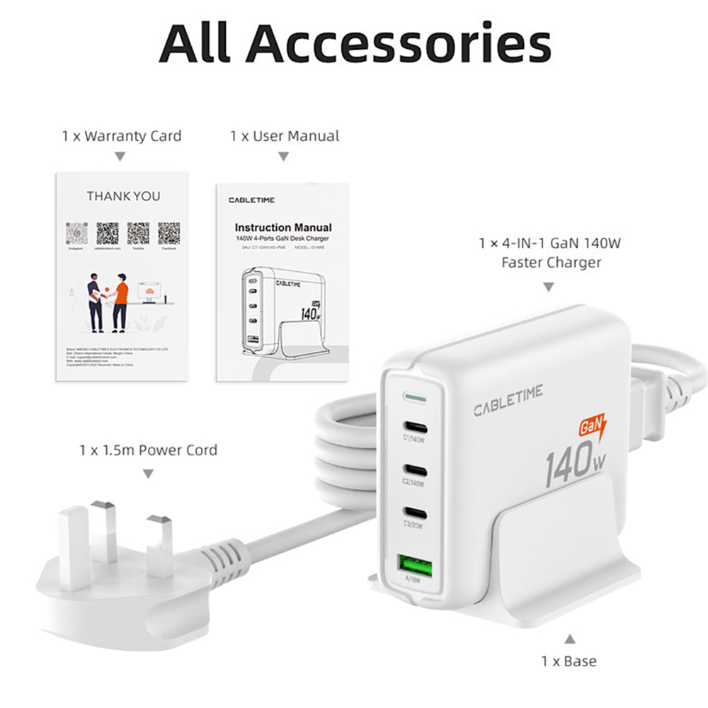 Estación de Carga de Escritorio CABLETIME 140W GaN 4 en 1 Cargador Rápido USB-C PD 3.1 con Base Soporte y Cable de 1.5m CT-GAN140-PWE S2343
