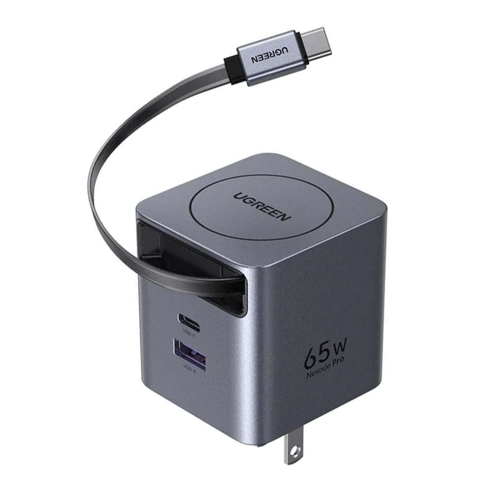 Cargador de Pared UGREEN Nexode Pro 65W GaN Cable USB-C Retráctil 0.7m Dual Port USB-C y USB-A 65824 S2299