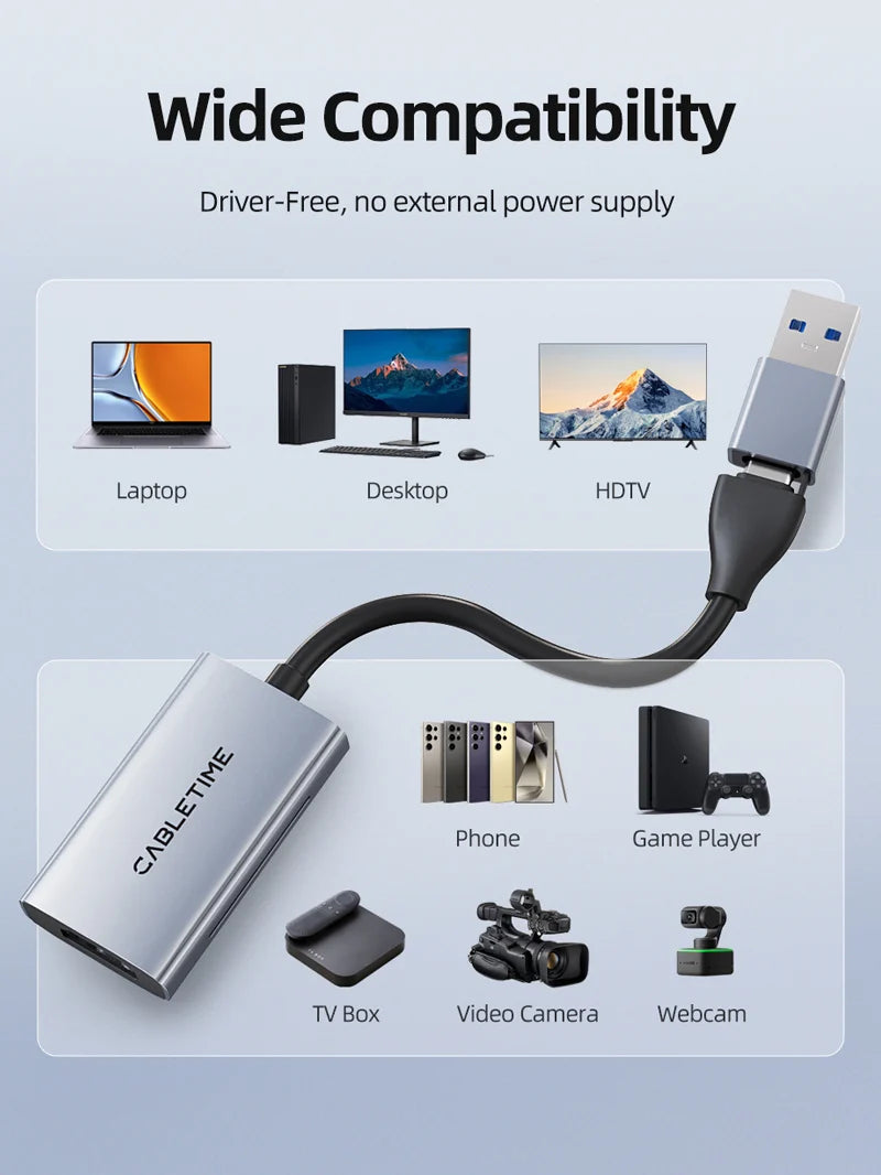 Capturadora de Video HDMI a USB / USB-C 3.0 CABLETIME 4K 30Hz Input 1080p 60Hz Switch OBS s2265