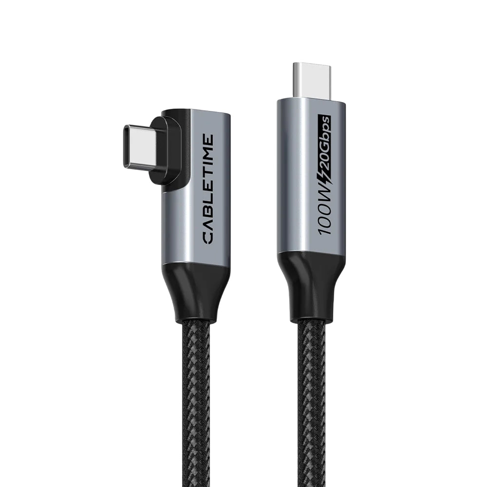 Cable USB-C a USB-C 90° 1 Metro CABLETIME 100W 20Gbps Video 4K 60Hz Chip E-Marker Nylon Trenzado CU24H S2269