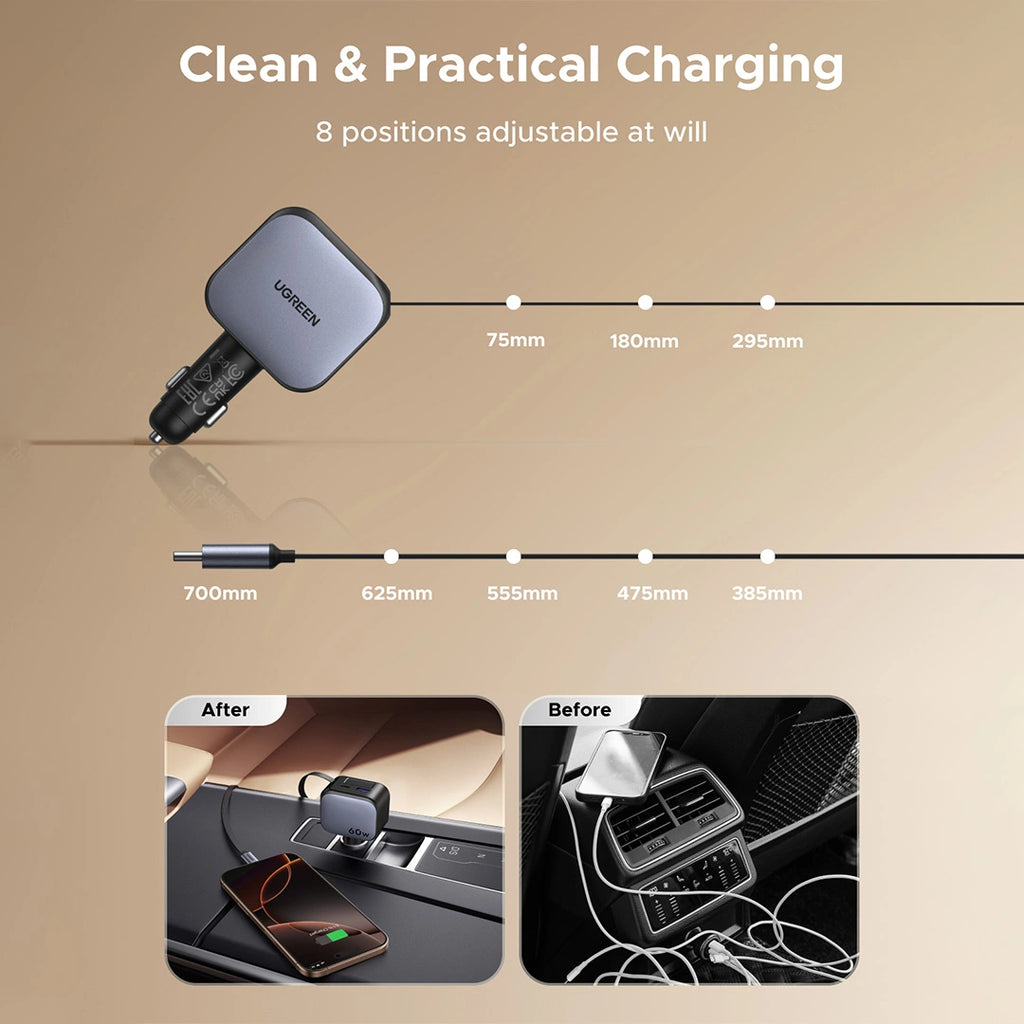 Cargador de Auto Ugreen 60W con Cable Retráctil USB-C y Puertos USB-A / Type-C EC602 S2215