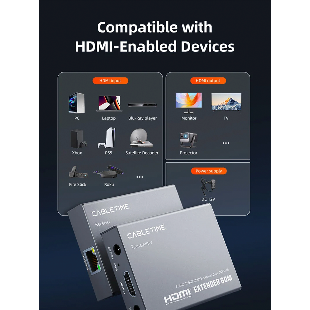 Extensor HDMI por Cable de Red RJ45 CABLETIME 1080P 60Hz hasta 60 Metros Cat5e/Cat6 con Salida HDMI Loop Out Botón EDID y Retorno Infrarrojo IR S2344
