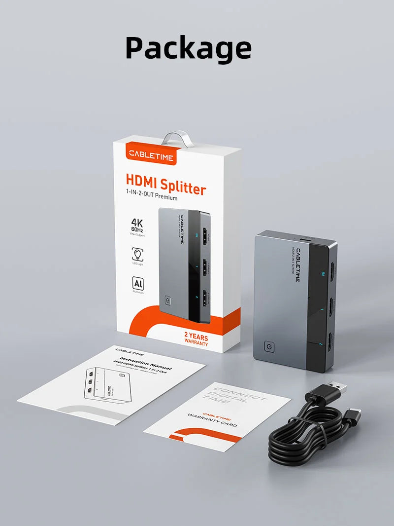 Splitter HDMI 1 en 2 CABLETIME 4K 60Hz Duplicador Extensor Espejo ABB/AAA USB-C Aluminio PS5 PC s2281