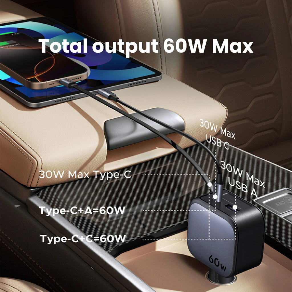 Cargador de Auto Ugreen 60W con Cable Retráctil USB-C y Puertos USB-A / Type-C EC602 S2215