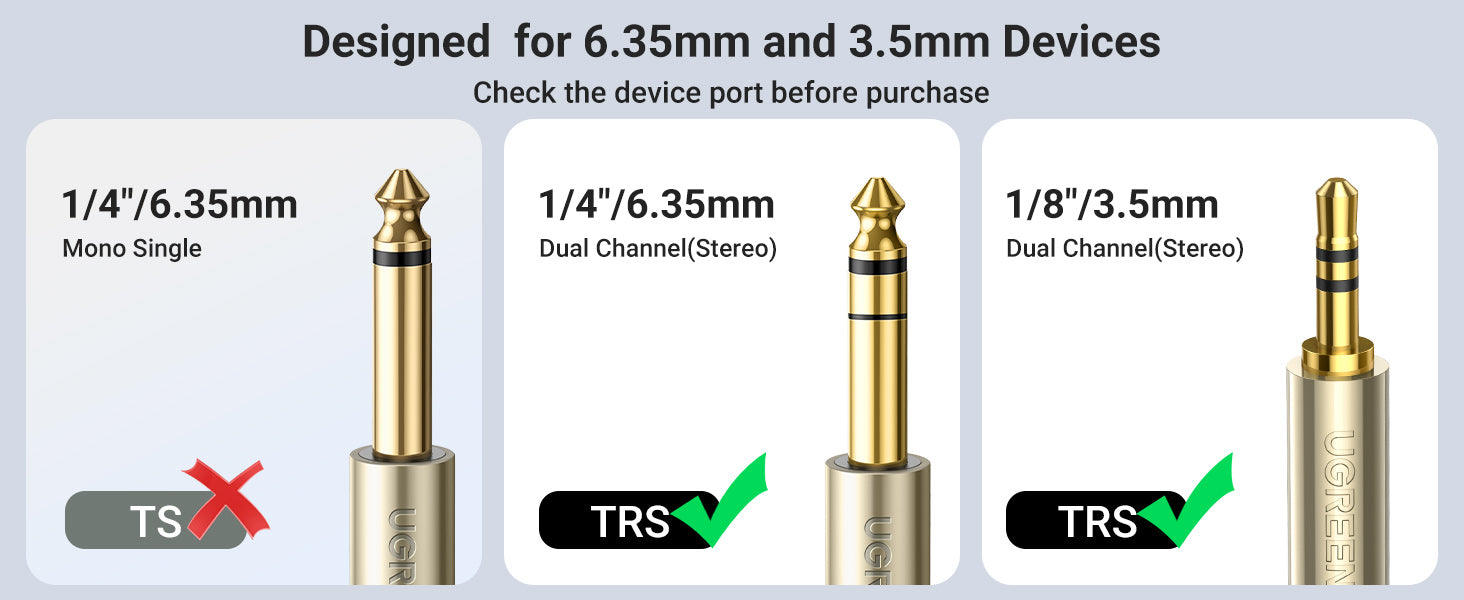 Cable de Audio UGREEN 3.5mm a 6.35mm 1/4 TRS 2m Nylon Trenzado Aleación Zinc Bañado S2295