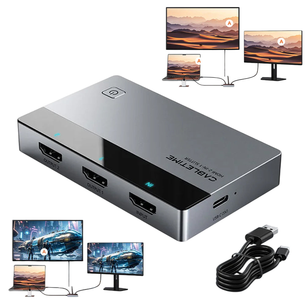 Splitter HDMI 1 en 2 CABLETIME 4K 60Hz Duplicador Extensor Espejo ABB/AAA USB-C Aluminio PS5 PC CP36G S2281