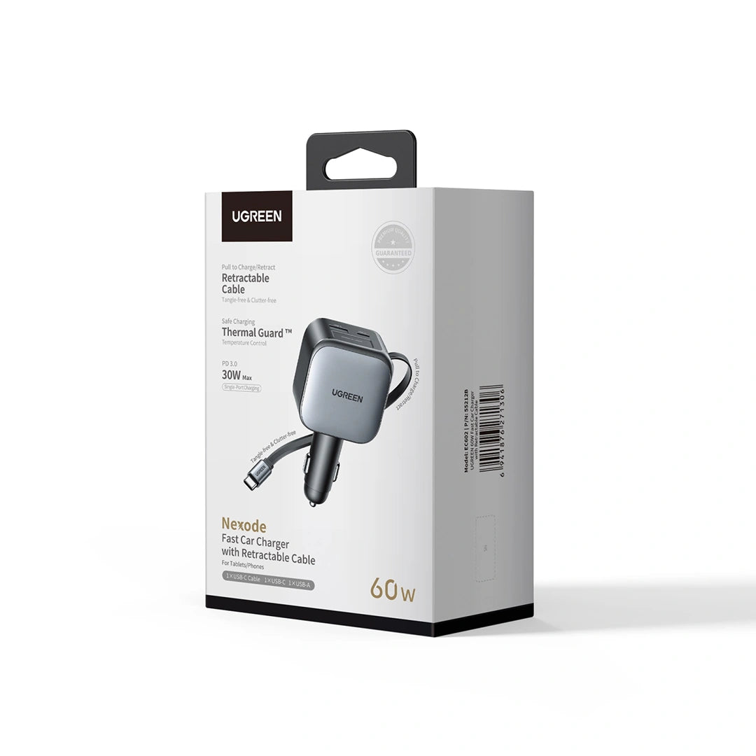 Cargador de Auto Ugreen 60W con Cable Retráctil USB-C y Puertos USB-A / Type-C EC602 S2215