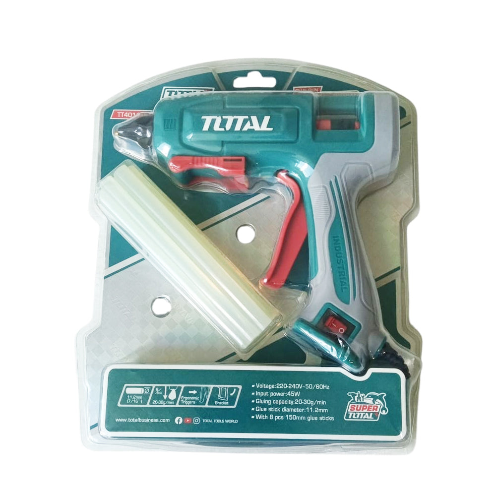 Pistola de Silicona Caliente TOTAL Industrial 45W / 250W para Barras 11.2mm Flujo 20-30g/min con 8 Barras TT401116 S2321