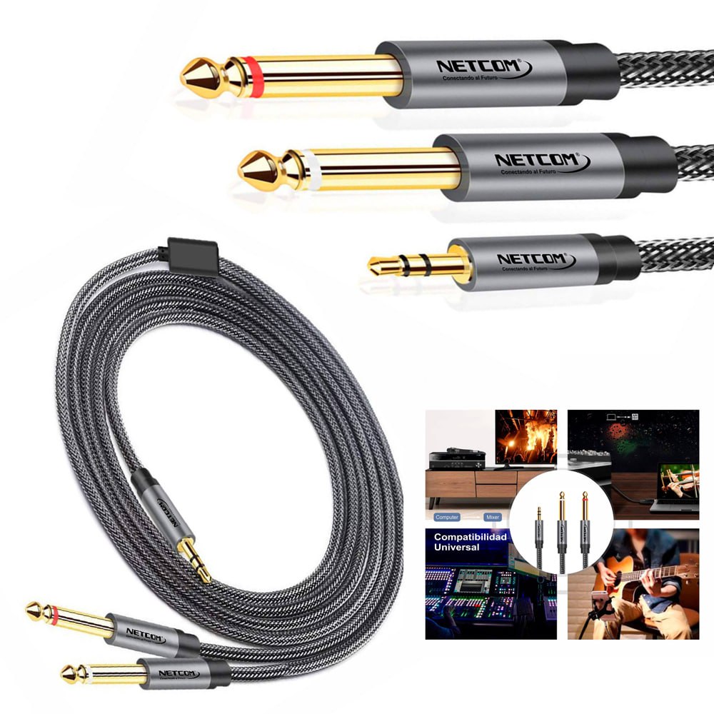 Cable de Audio 1 plug 3.5mm Macho a 2 plug 6.35mm Macho 1.80 Mts S1390