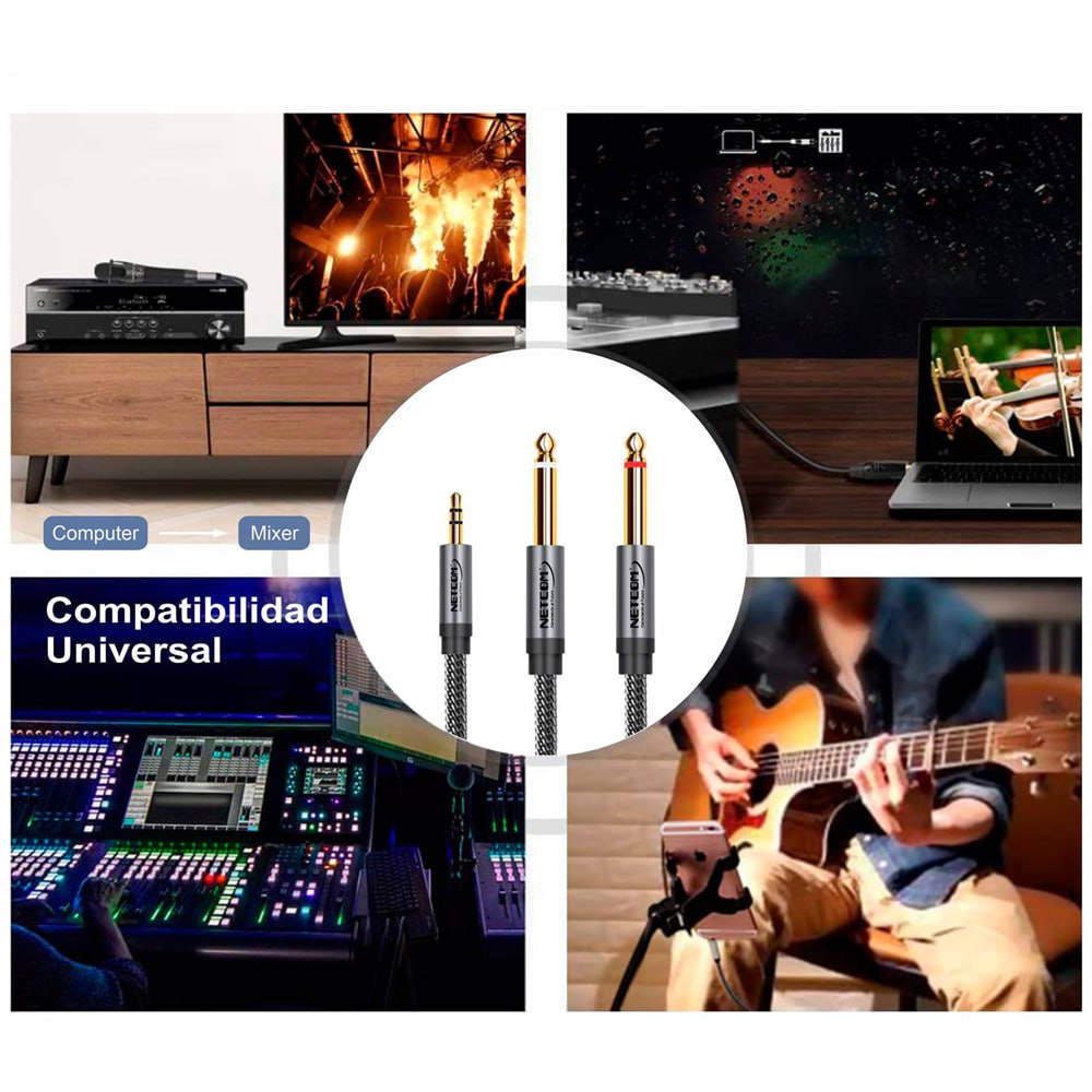 Cable de Audio 1 plug 3.5mm Macho a 2 plug 6.35mm Macho 1.80 Mts S1390