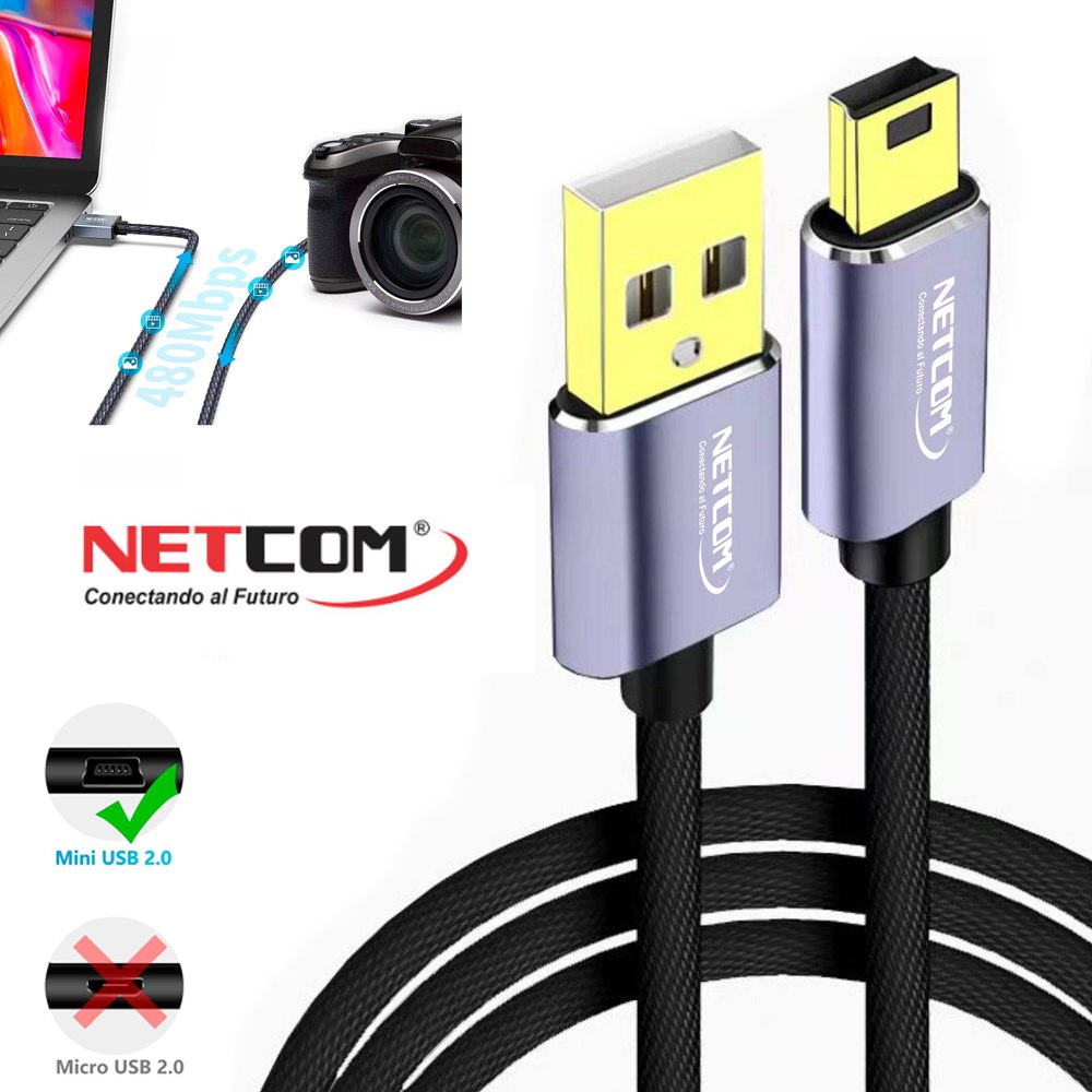 Cable USB 2.0 a Mini USB V3 5 pines 1.8 Metros NETCOM 480Mbps nylon S1399