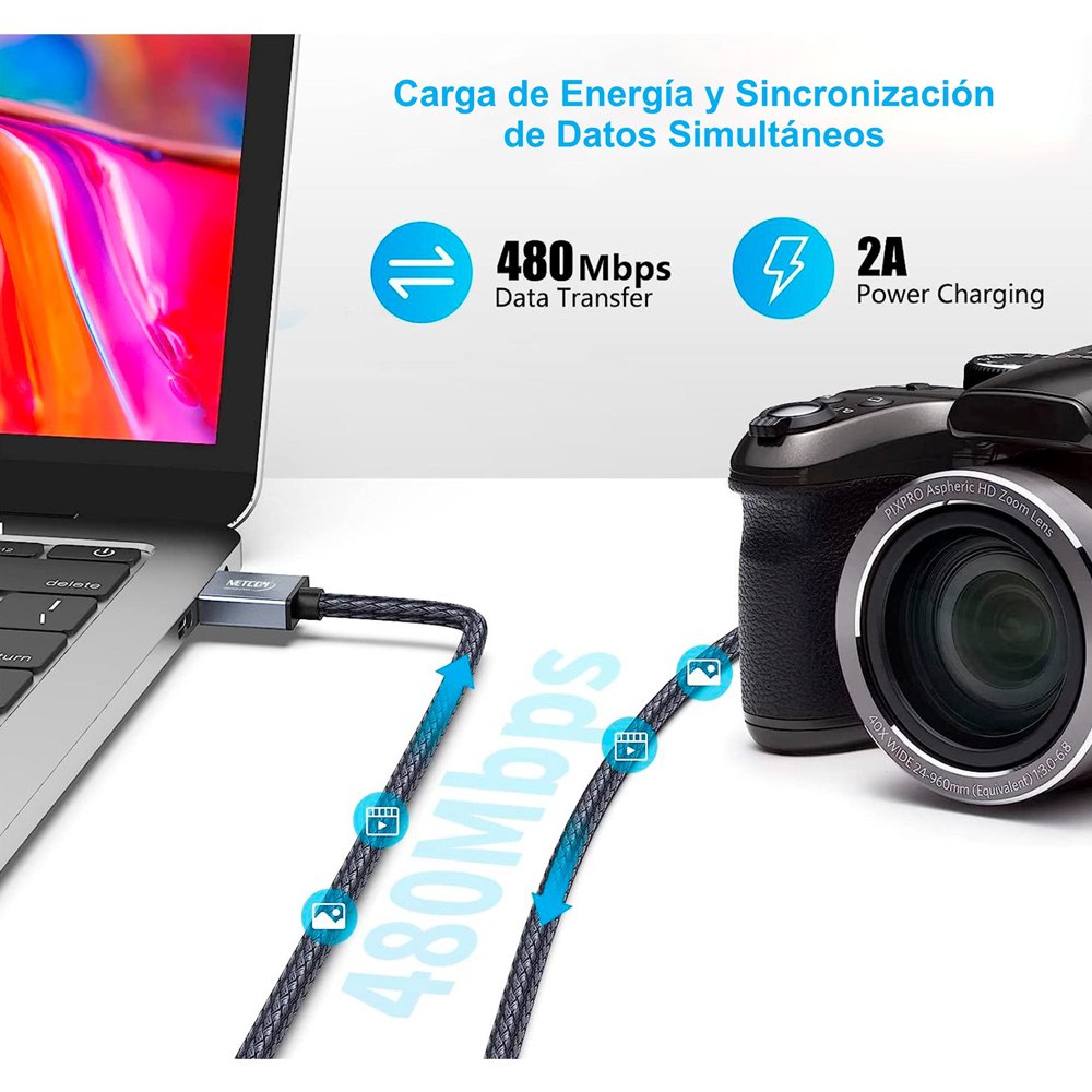 Cable USB 2.0 a Mini USB V3 5 pines 1.8 Metros NETCOM 480Mbps nylon S1399