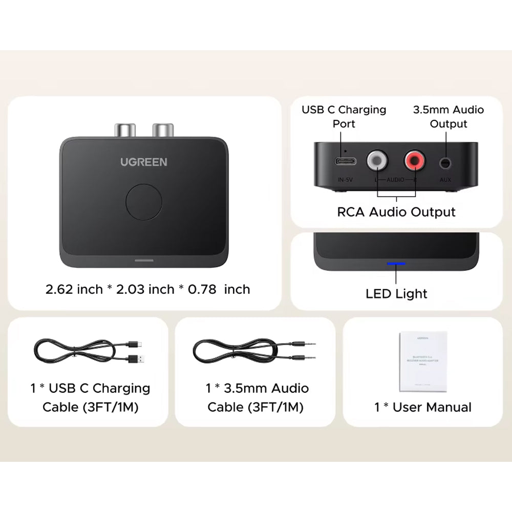 Receptor de Audio Bluetooth 6.0 Ugreen con LDAC Hi-Res Audio Salida RCA y 3.5mm Batería 15H 55545 S2212