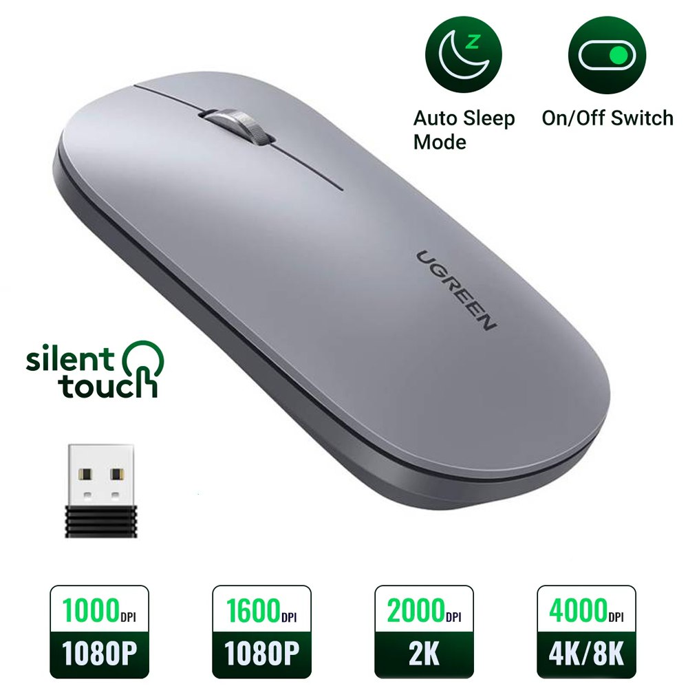 Mouse silencioso Inalambrico UGREEN 4000 DPI USB 2.4GHz Gris S1425