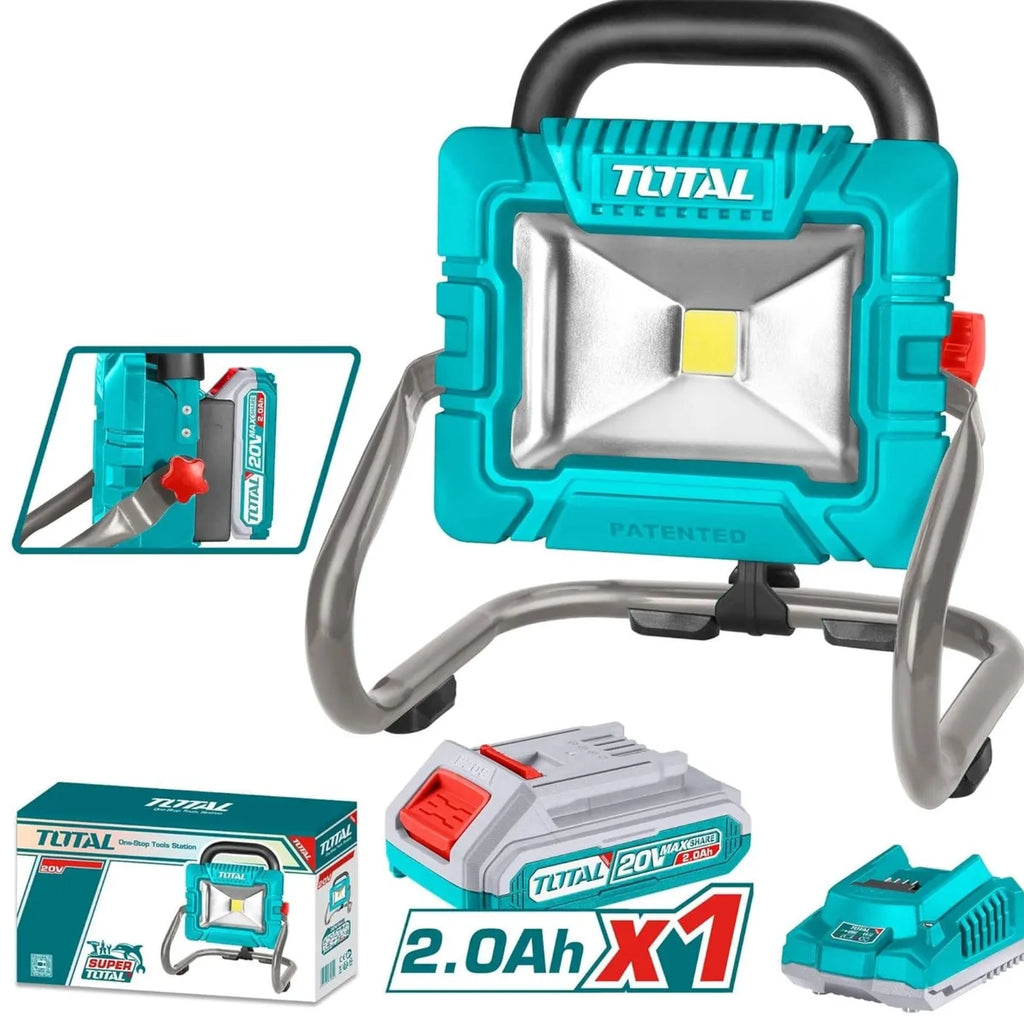 Lámpara de Trabajo LED Inalámbrica TOTAL 20V 1800 Lúmenes Foco Reflector Portátil con Batería 2.0Ah y Cargador TWLI20258 S2313