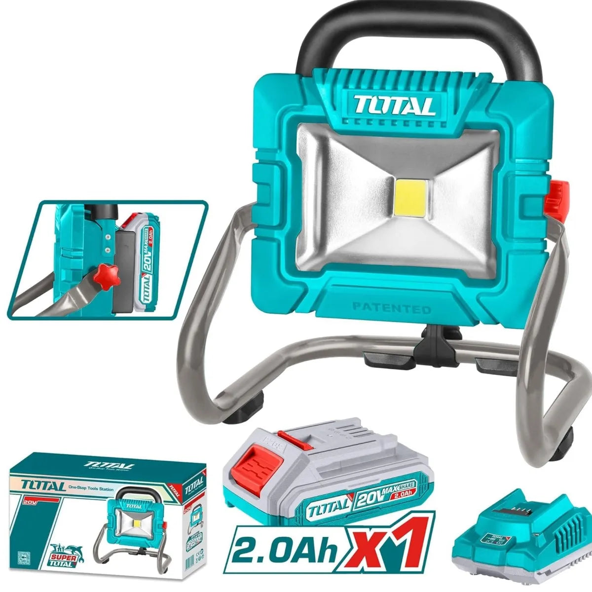 Lámpara de Trabajo LED Inalámbrica TOTAL 20V 1800 Lúmenes Foco Reflector Portátil con Batería 2.0Ah y Cargador TWLI20258 S2313