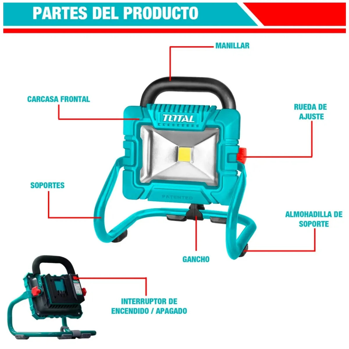 Lámpara de Trabajo LED Inalámbrica TOTAL 20V 1800 Lúmenes Foco Reflector Portátil con Batería 2.0Ah y Cargador TWLI20258 S2313