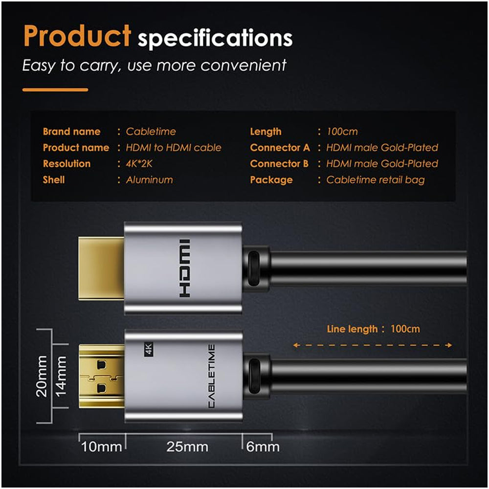 Cable HDMI 2.0 Premium 4K a 60Hz 18Gbps CABLETIME de Alta Velocidad 1 Metro S2176