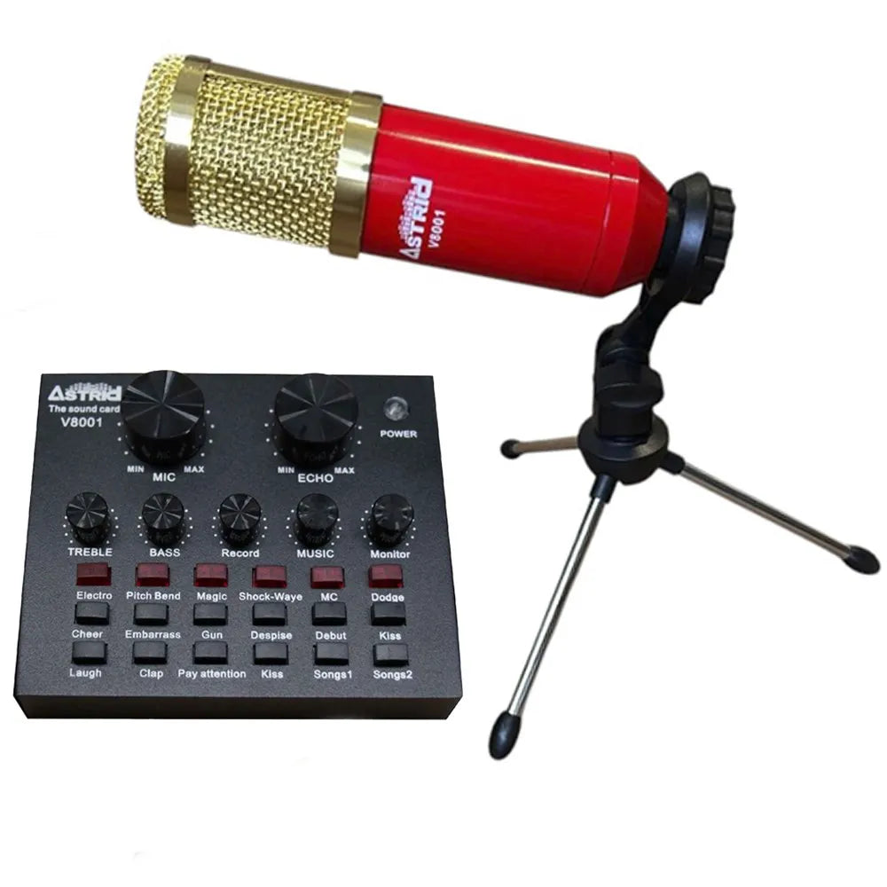 Kit tarjeta de sonido V8 microfono condensador mini tripode maletin S1367