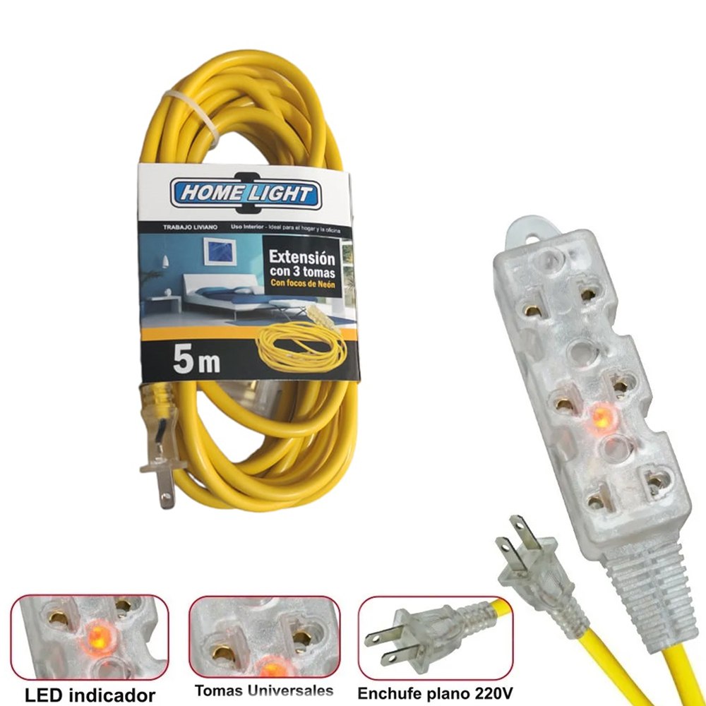 Extensión Eléctrica Cable Vulcanizado de 3 Tomas 5 Metros HOME LIGHT S1442
