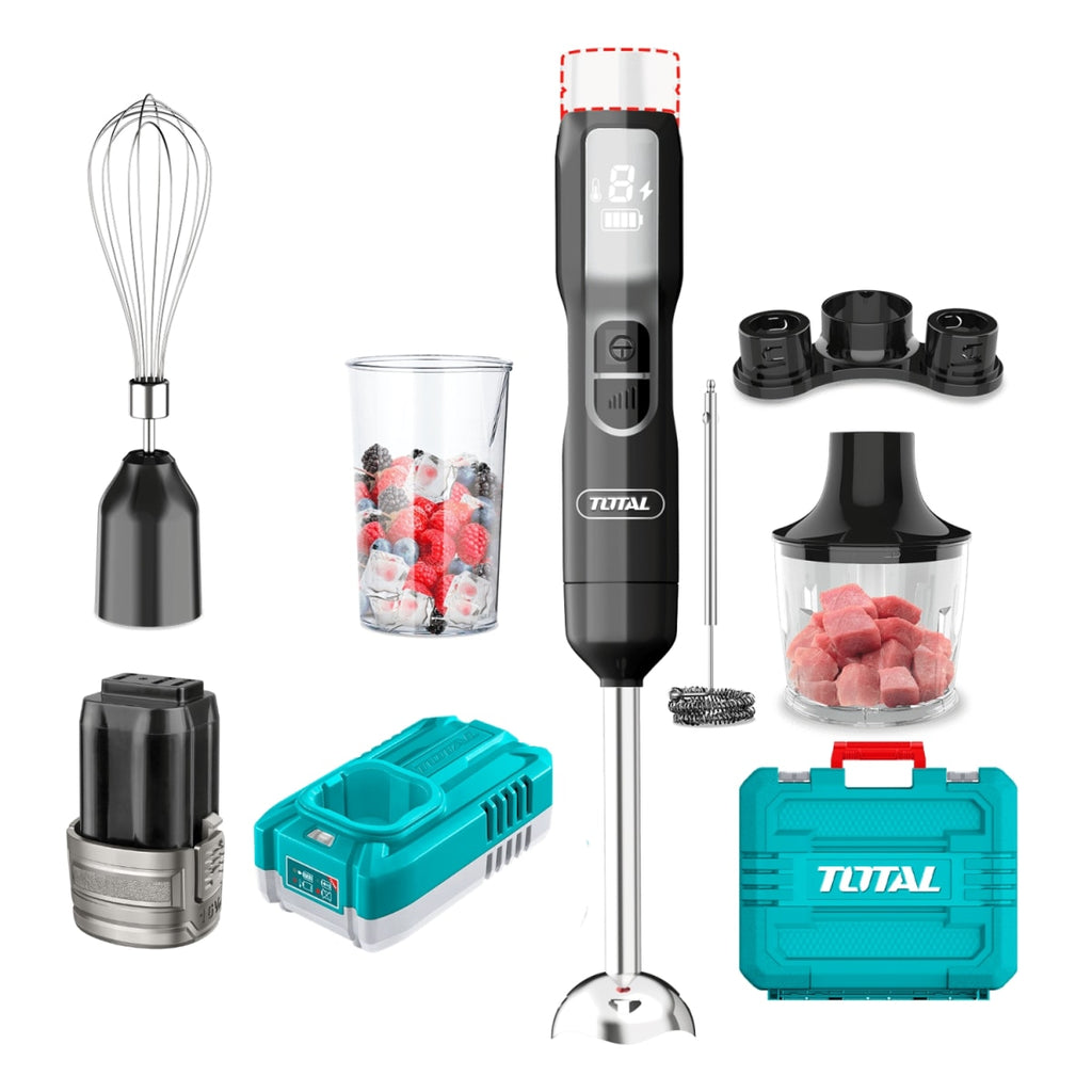 Set de Batidora de Mano Inalámbrica 16V TOTAL 5 Velocidades Picatodo 500ml Pantalla LED Batería 2.0Ah y Maletín S2310