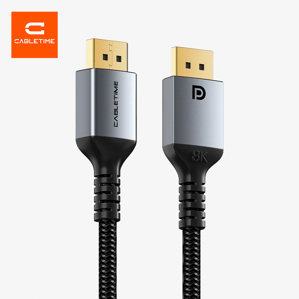 Cable DisplayPort a DisplayPort 1.4 CABLETIME 2 Metros 8K 60Hz 4K 120Hz HDR Conectores Chapados en Oro 24K Carcasa de Aluminio y Malla Trenzada para Monitor Gamer y PC S2350
