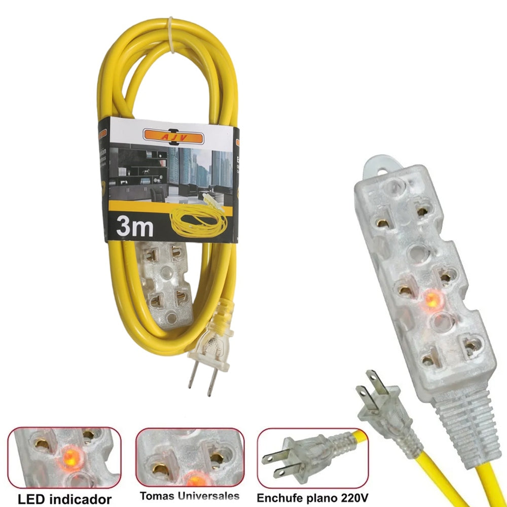 Extensión eléctrica cable vulcanizado de 3 tomas 3 Metros AWG 18 S1372