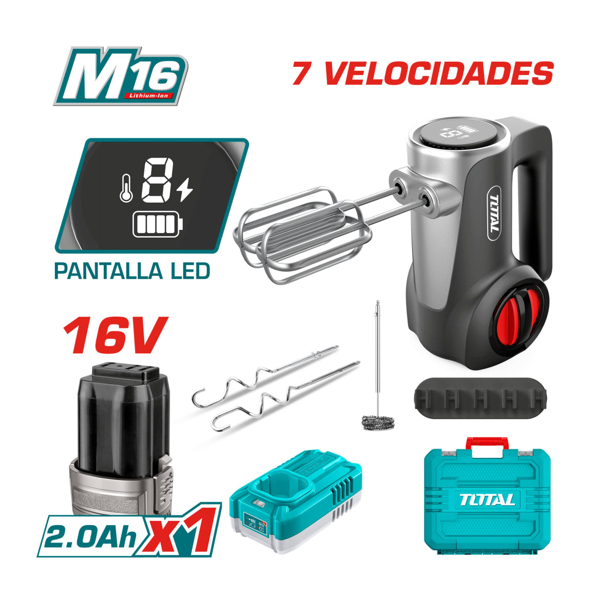 Set de Batidora Inalámbrica 16V TOTAL 7 Velocidades Pantalla LED Batería 2.0Ah Cargador y Maletín M16 S2309