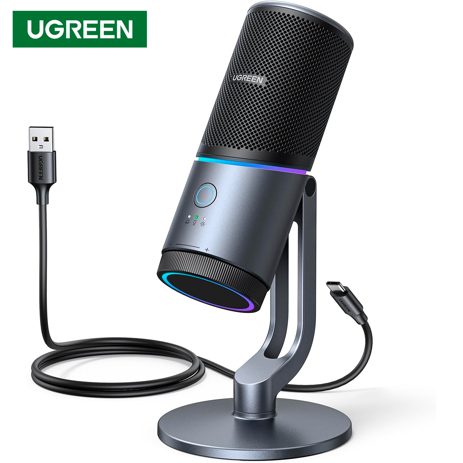 Micrófono Gamer USB Ugreen RGB 24-bit/96kHz Cancelación DSP con Monitoreo y Mute S2213