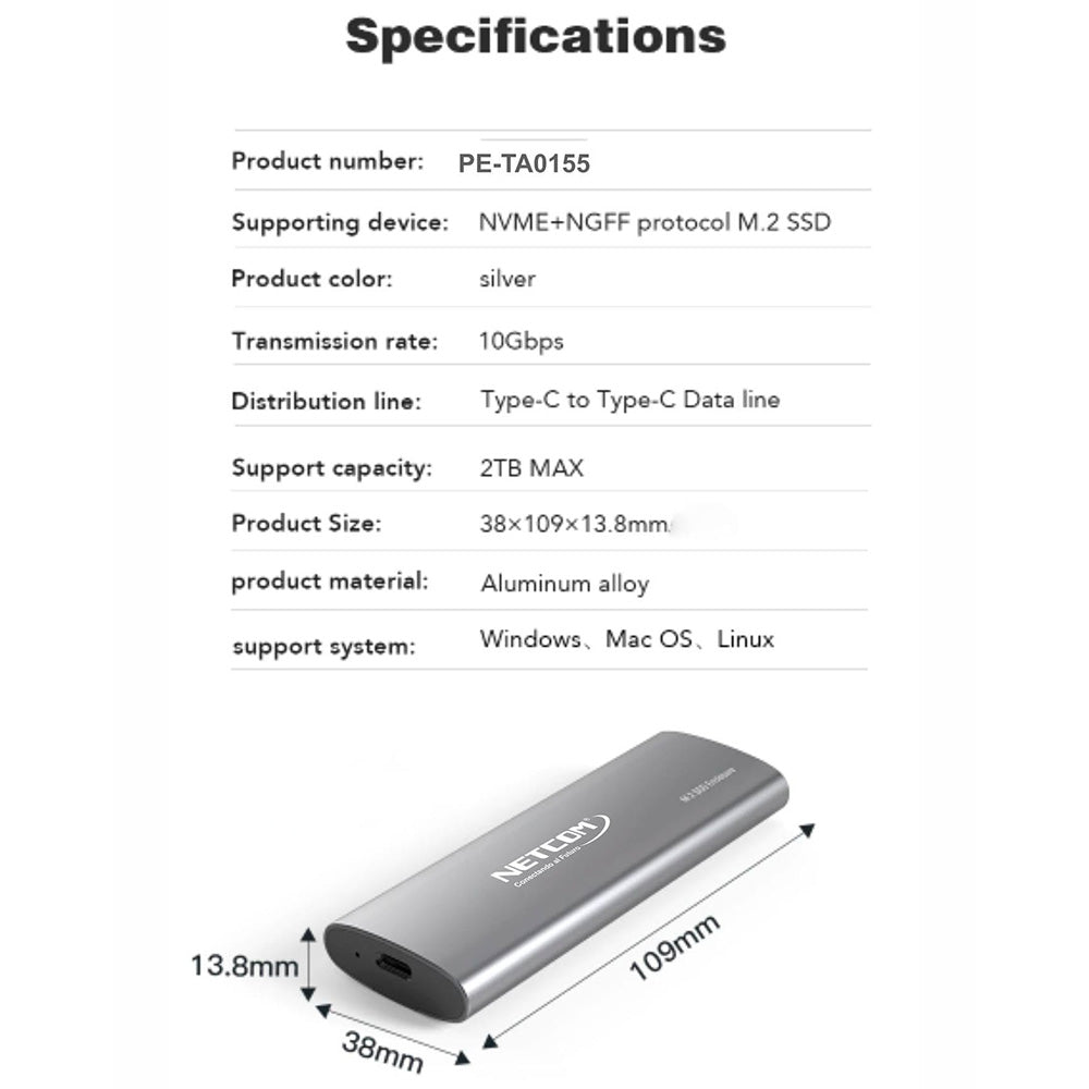 Case Gabinete de Aluminio para Disco Sólido M.2 NVMe SATA Dual Protocol NETCOM S2148