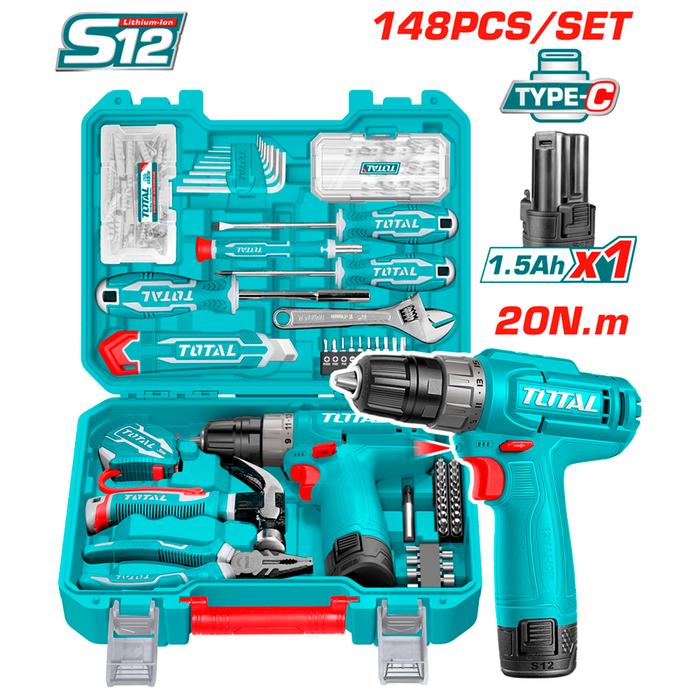 Kit de Herramientas 148 Piezas TOTAL con Taladro Inalámbrico 12V 20Nm Batería USB Tipo-C y Maletín S12 S2311