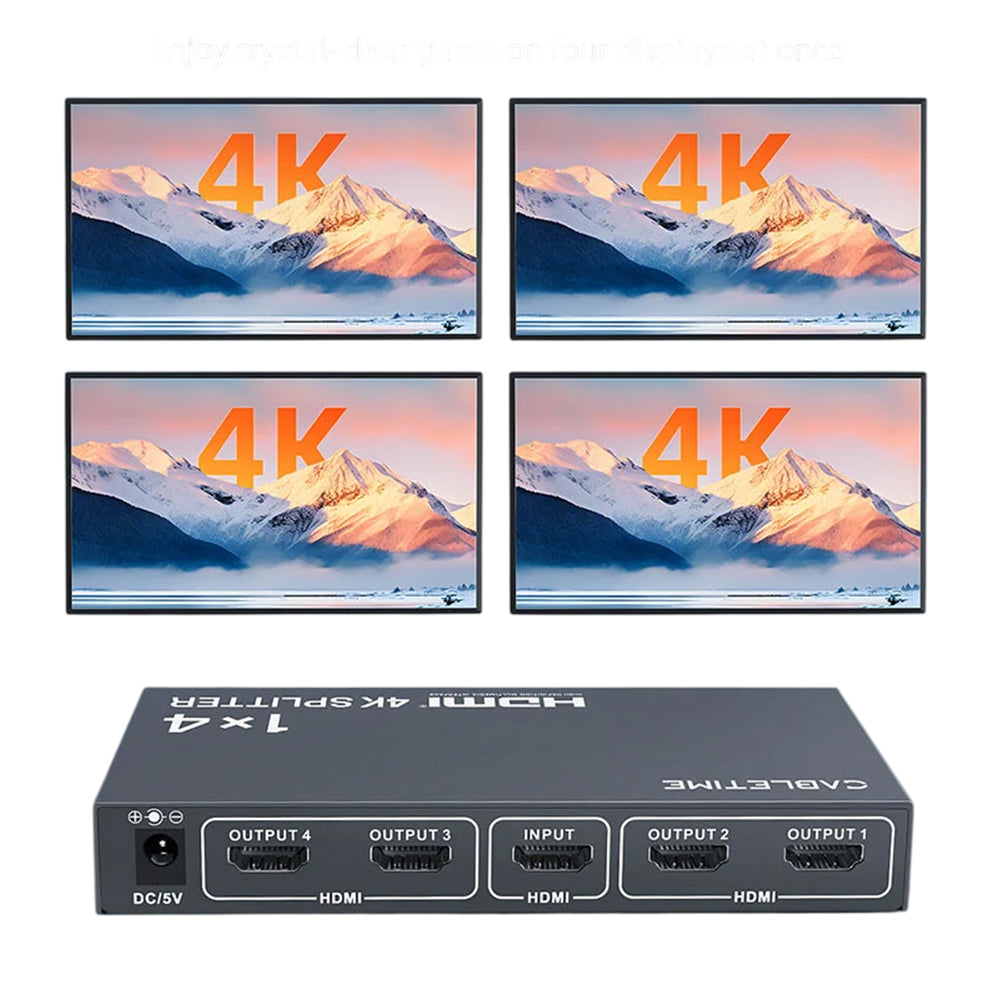 Splitter HDMI 1 X 4 CABLETIME 4K 30Hz Multiplicador 4 Pantallas HDR Chasis Metálico DC 5V CP38G S2284