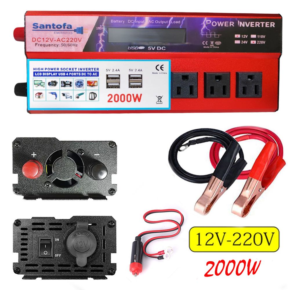 Inversor de Corriente 12v a 220v 2000w pantalla LCD 4 USB 3 Sockets S1315