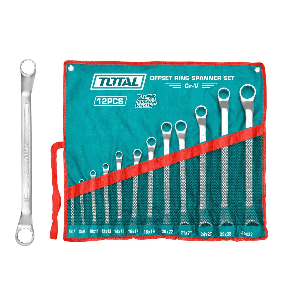 Juego de Llaves Doble Corona Acodadas 12 Piezas TOTAL 6-32mm Acero Cr-V con Estuche de Lona Enrollable THT1024121 S2320