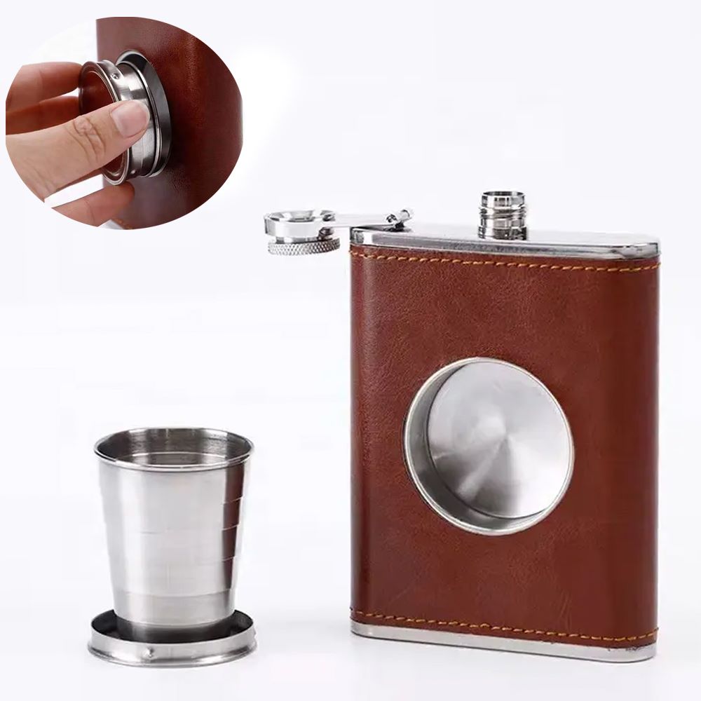 Licorera Bolsillo Wiskera 8 onzas con vaso Acero Inoxidable marron S1297