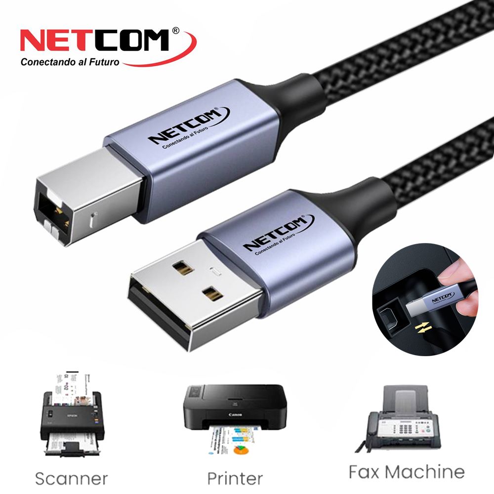 Cable USB 2.0 para Impresora Tipo B NETCOM | 1.8 Metros | 480 Mbps S1274