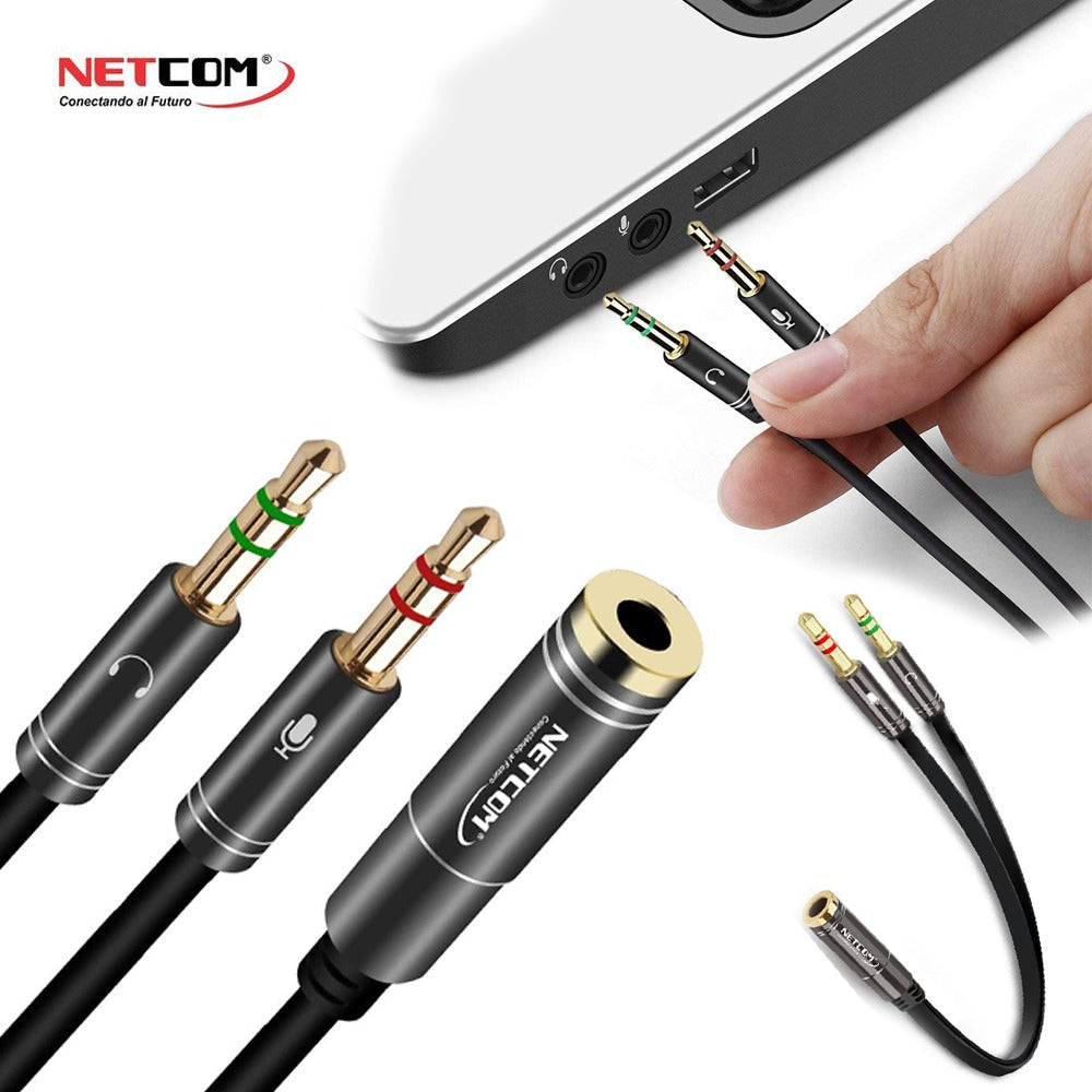 Cable De 2 Plug 3.5mm Estéreo A Jack 3.5mm Trrs - 252-143 Netcom Negro S1176
