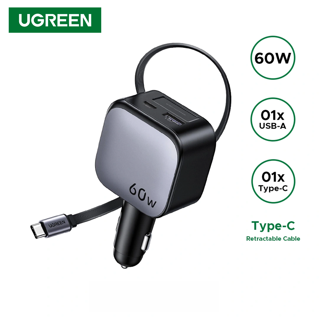 Cargador de Auto Ugreen 60W con Cable Retráctil USB-C y Puertos USB-A / Type-C EC602 S2215