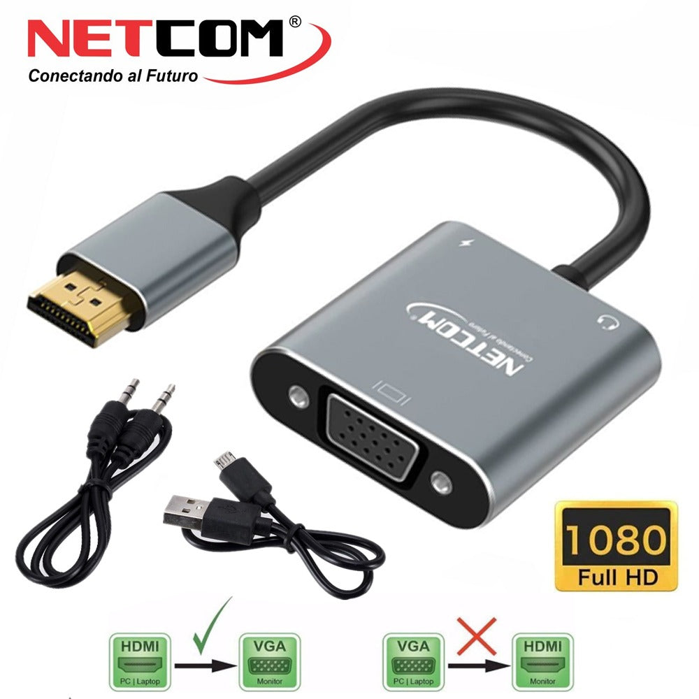 Convertidor HDMI macho a VGA hembra Netcom full HD audio y video 1080P S1140