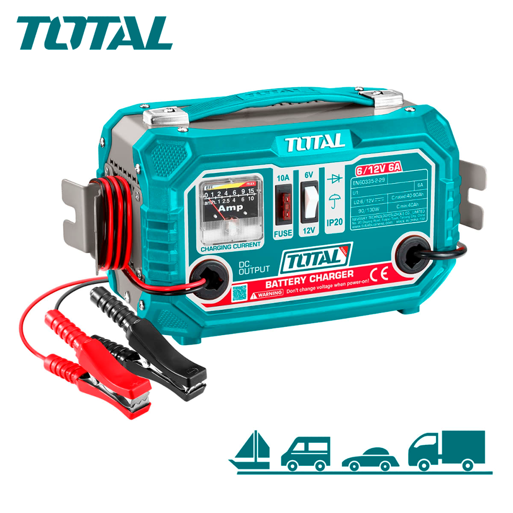 Cargador de Batería 6V / 12V 6A TOTAL Taller Automotriz 40-90Ah Amperímetro Analógico Fusible 10A 220V S2318