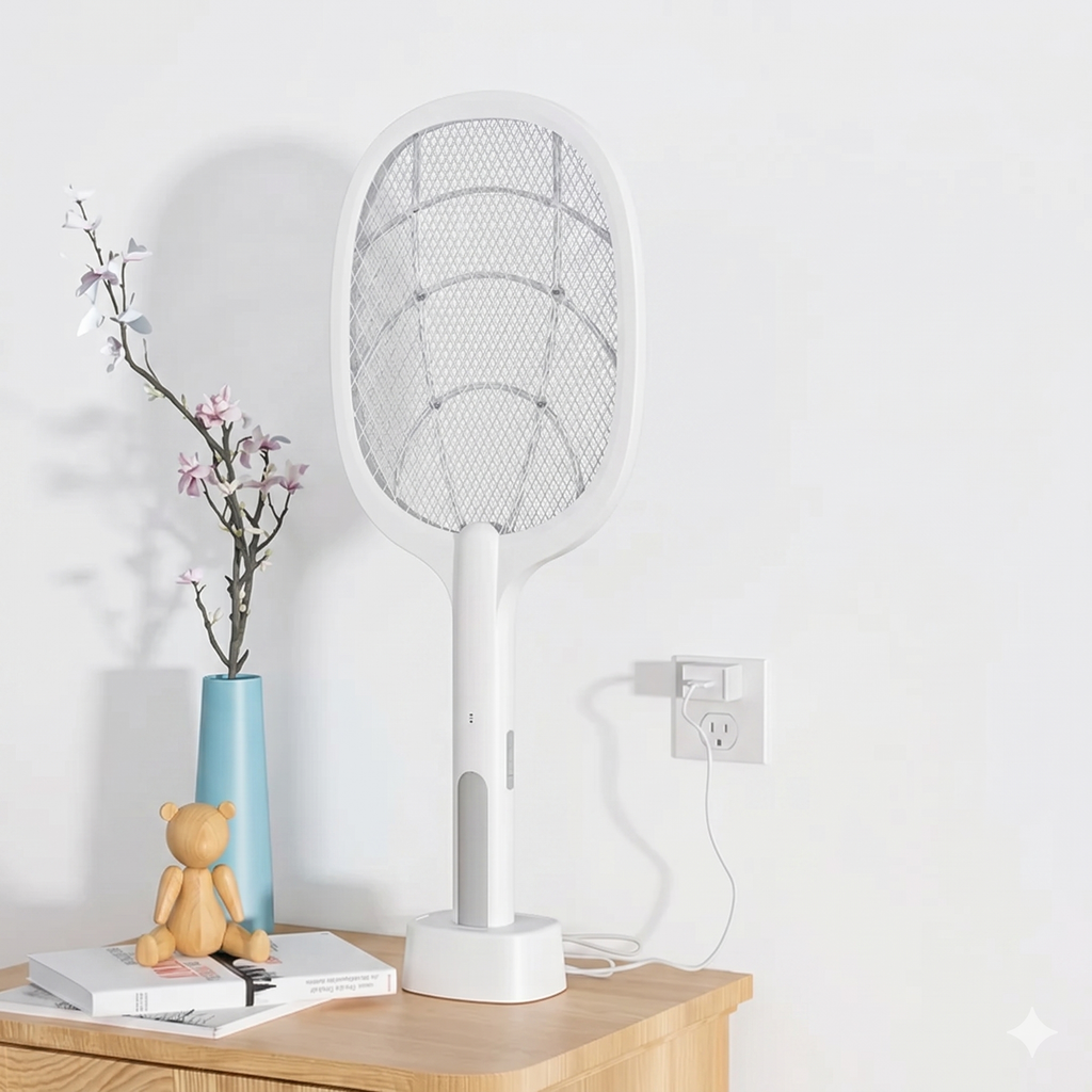 Raqueta Eléctrica Antimosquitos 2 en 1 con Lámpara UV y Base de Carga s2102