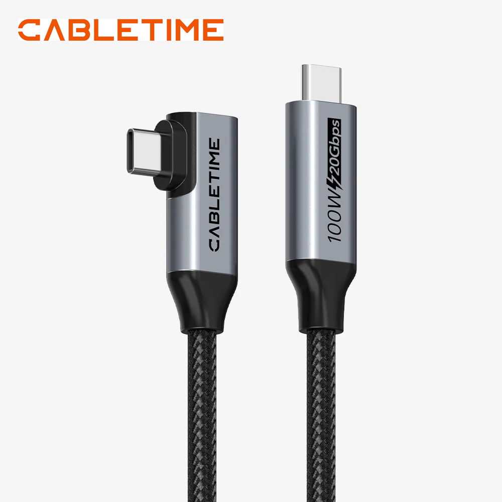 Cable USB-C a USB-C 90° CABLETIME 100W 20Gbps Video 4K 60Hz Chip E-Marker Nylon Trenzado s2269