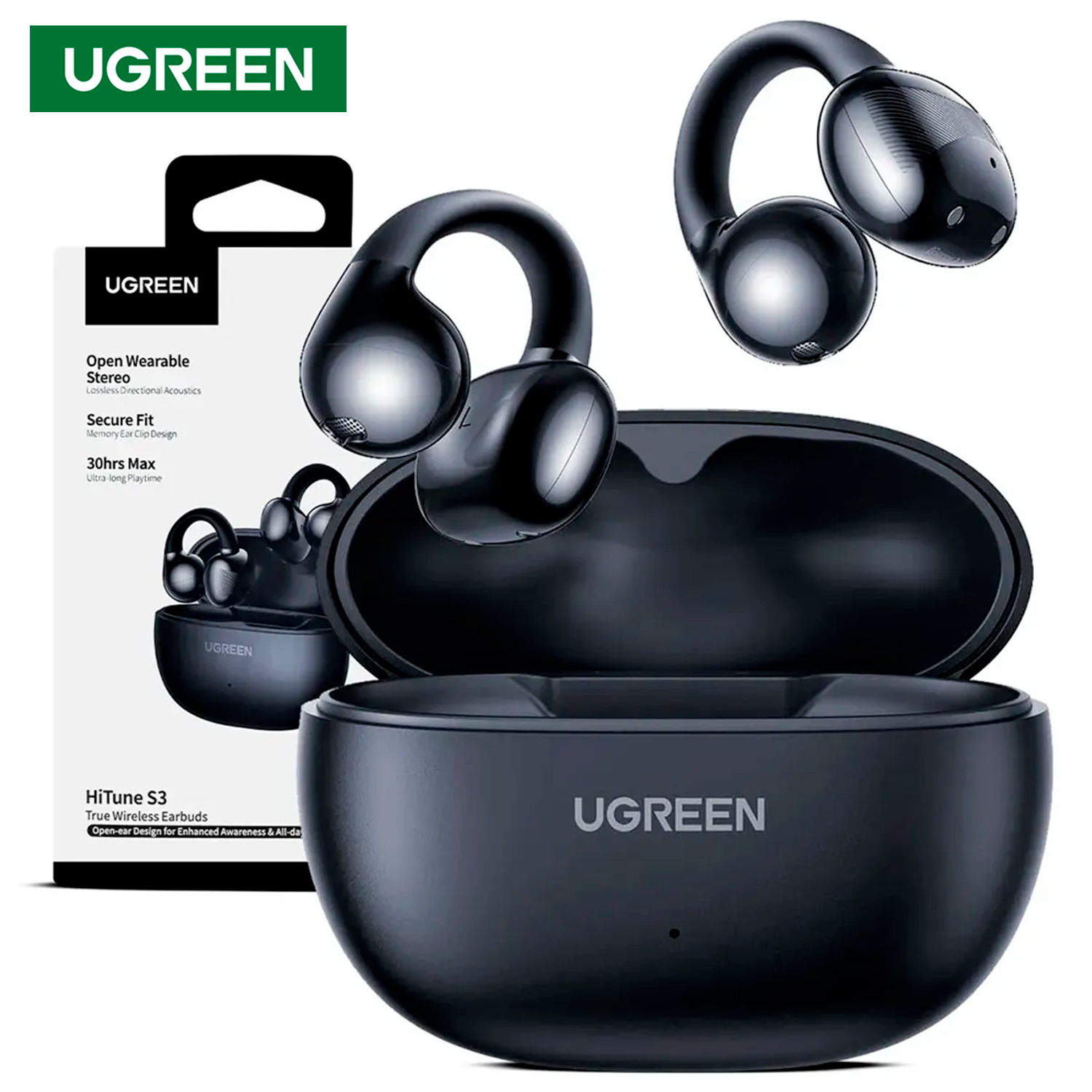 Audífonos Inalámbricos Open-Ear Ugreen HiTune S3 WS209 Bluetooth 5.4 Clip-On Batería 30H Negro S2216