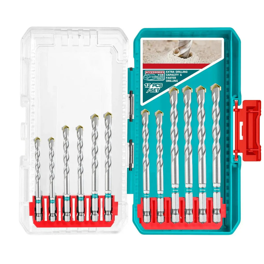 Juego de Brocas para Albañilería y Concreto 12 Piezas TOTAL 3-10mm Vástago Hexagonal 1/4" Punta de Carburo con Estuche Industrial S2323