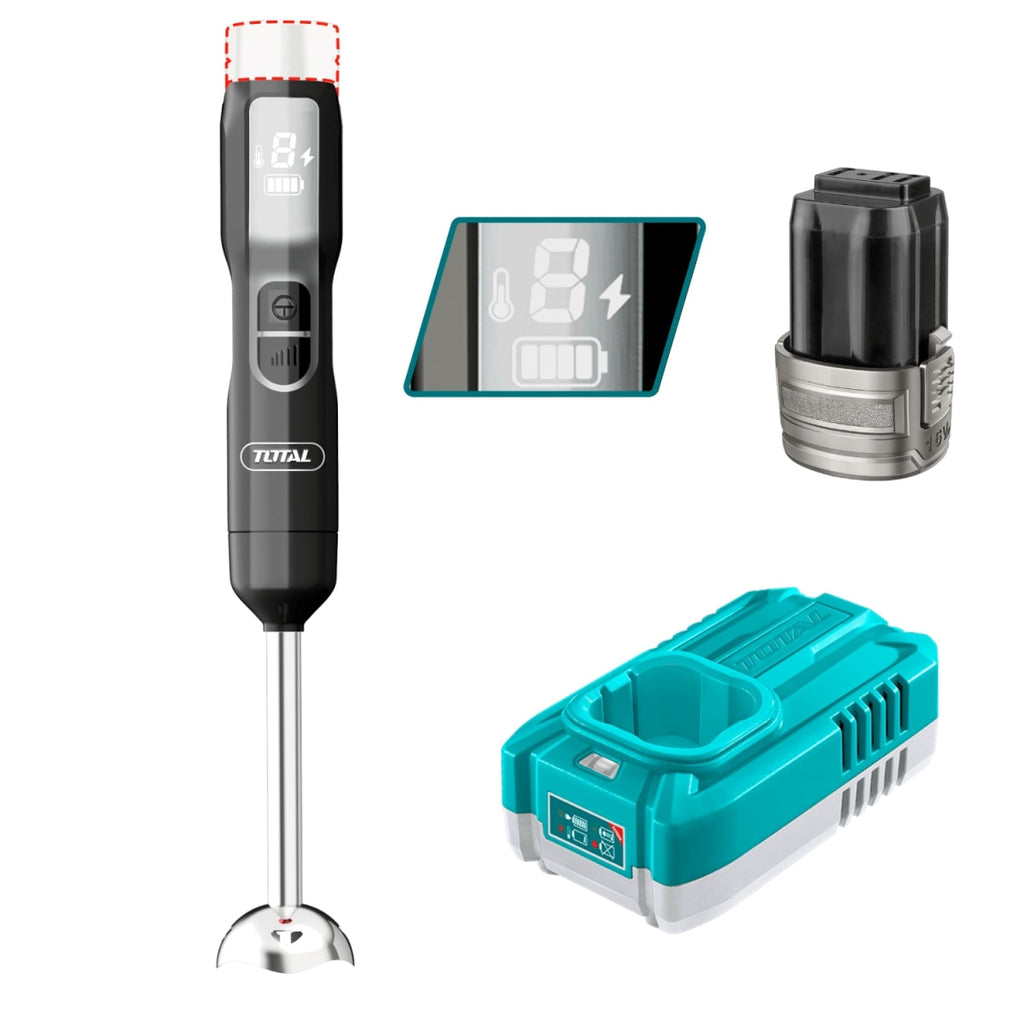 Batidora de Inmersión Inalámbrica TOTAL 16V 100W 5 Velocidades Pantalla LED Eje Acero Inoxidable Batería 2.0Ah y Cargador M16 TJB048K S2315