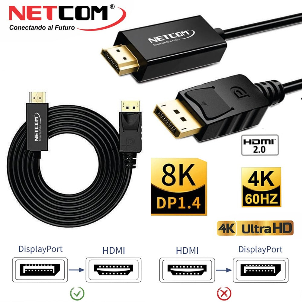 Cable Displayport a HDMI Netcom Pvc Macho 3 Metros 4k DP a HDMI 60hz S1145