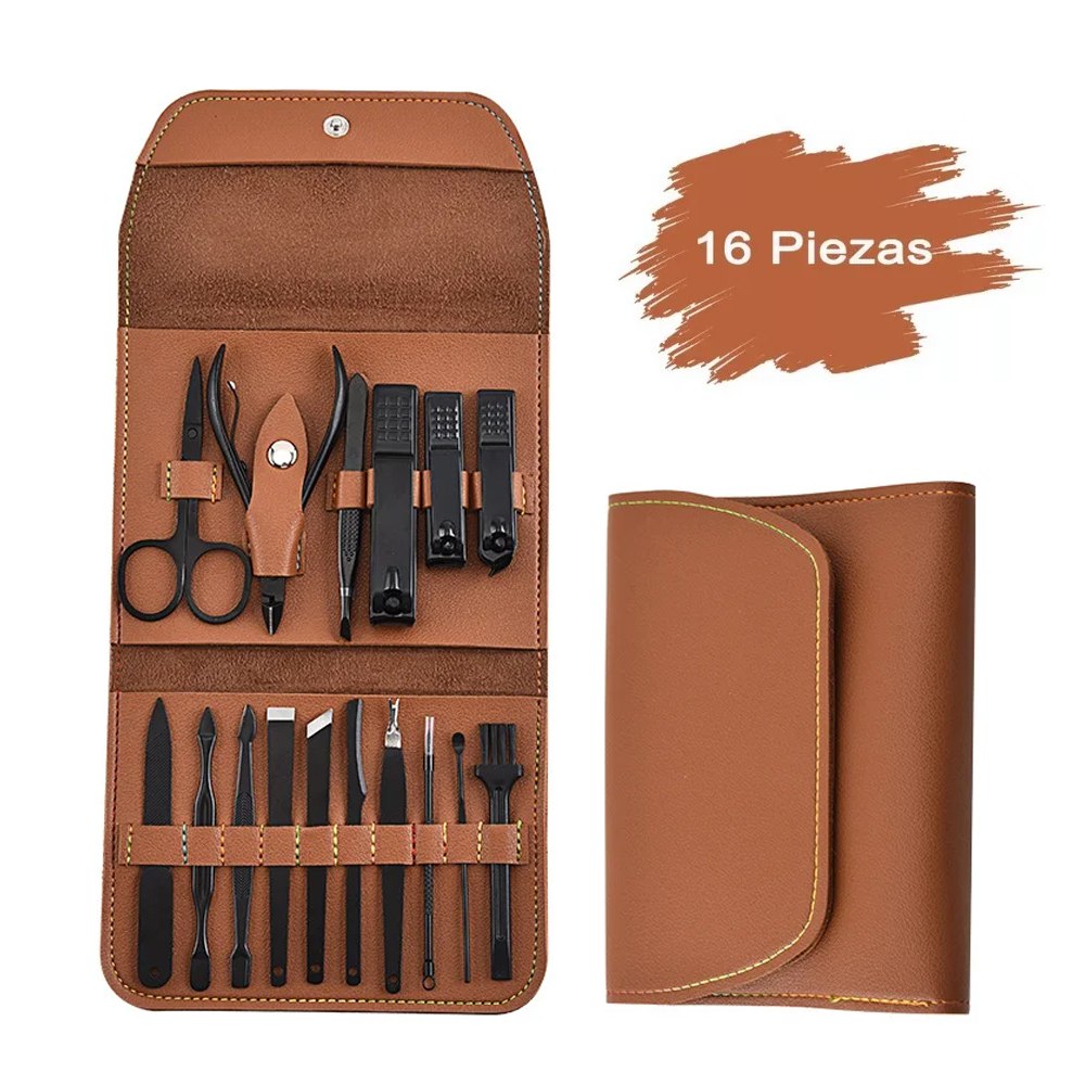 Set Manicura Pedicura Acero Inoxidable cortauñas 16 Piezas- Marrón S1473