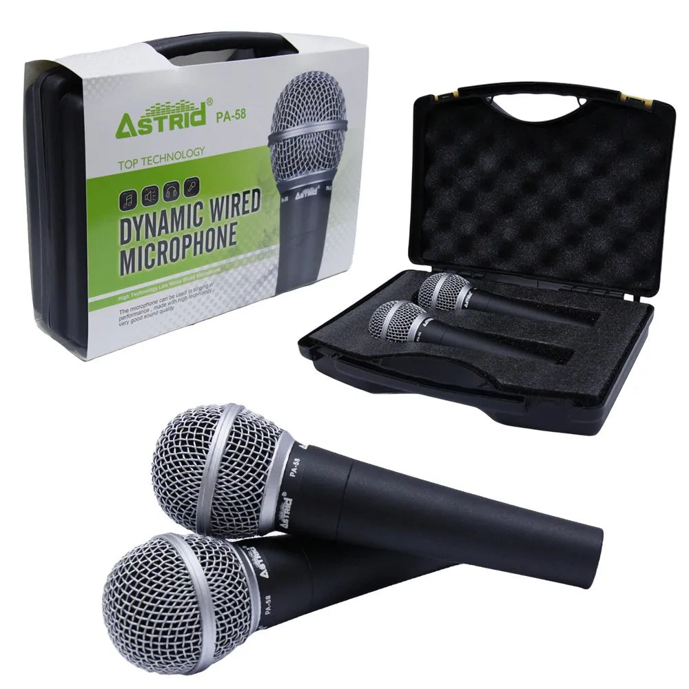2 Micrófonos Alámbrico Profesional PA-58 DUO Astrid Metálico Dinámico Unidireccional maletin S1975