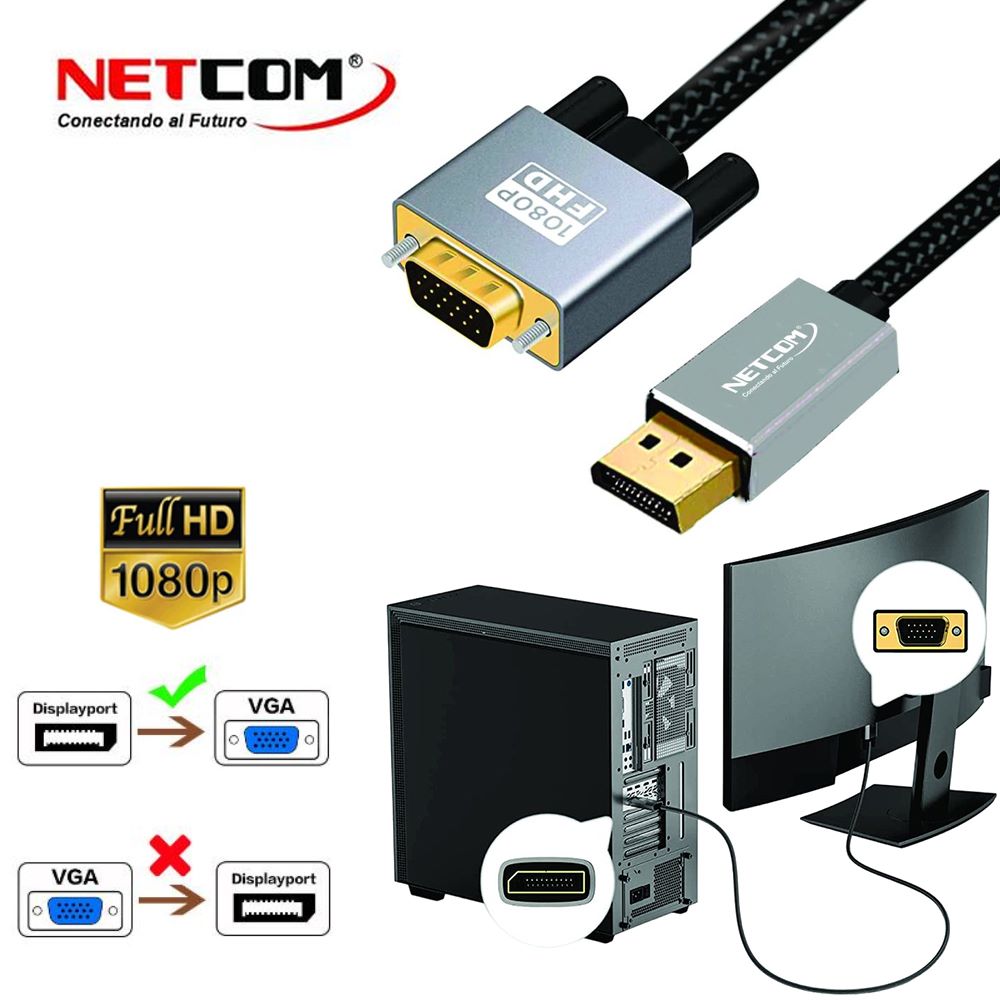 Cable Displayport a VGA Netcom Macho 1.8 Metros 4k DP a VGA 1080p S1259